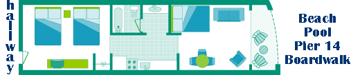 Holiday Pavilion Oceanfront Resort Family Vacation Rental Condo - Floor Plan of one bedroom condo overlooking the beach