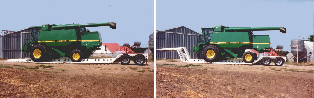 This folding trailer prototype has telescopic wings that support the combine during transport but retract when the trailer is empty.