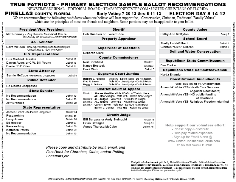 2012 Pinellas County Christian Voter Guides / Candidate Endorsements / Sample Ballot / Election