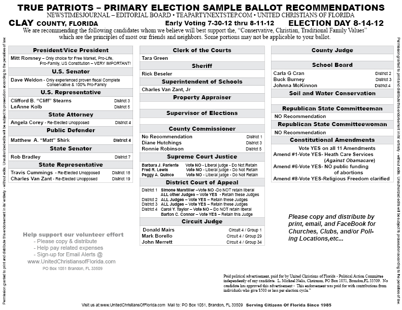 2012 Clay County Christian Voter Guides / Candidate Endorsements