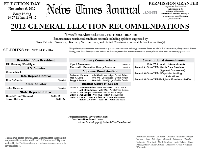 2012 St Johns County Florida General Election Recommendations 2012 St Johns County Florida General Election Recommendations
