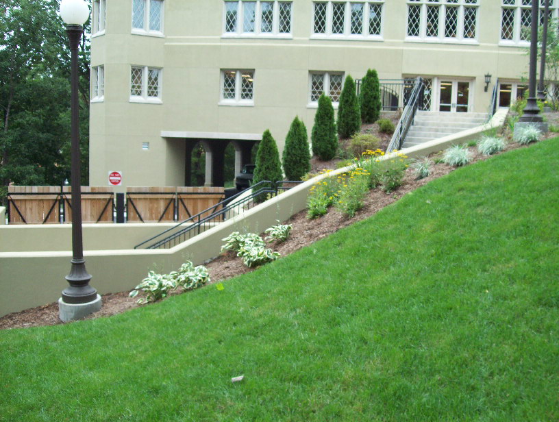Landscape installation at Virginia Military Institute in 2010 which included planting, sod, bed creation, and more
