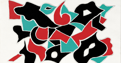 Abstract painting by Inge, red, black and green shapes, acrylic on canvas