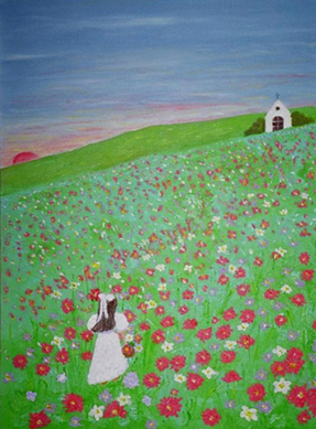 young girl walk up a hill with red flowers to a chapel with sunset in the sky