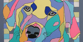 Colorful Labrador retriever in abstract forms and shapes with red collar
