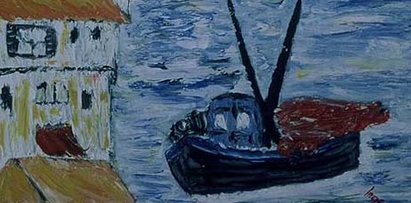 Italien fishing town with blue fishing boat