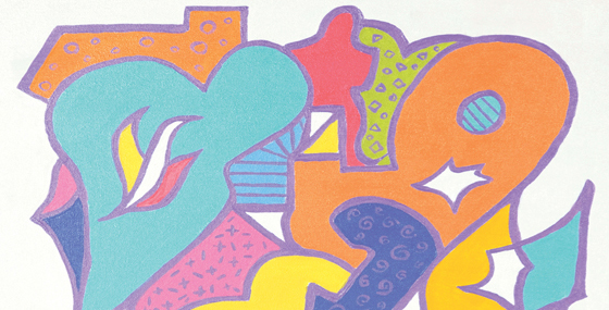 Abstract painting called Valentine, orange, green pink, blue shapes and forms